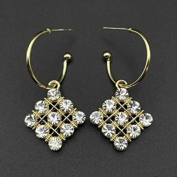 Yellow Gold with White Diamond Crystal Rhombus Dangling Hoop Post Back Earrings - Picture 2 of 9